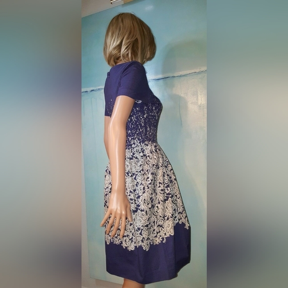 $2,400 OSCAR DE LA RENTA P15 GORGEOUS IVORY BLUE LACE PRINT RUNWAY DRESS US 8 - Picture 4 of 8